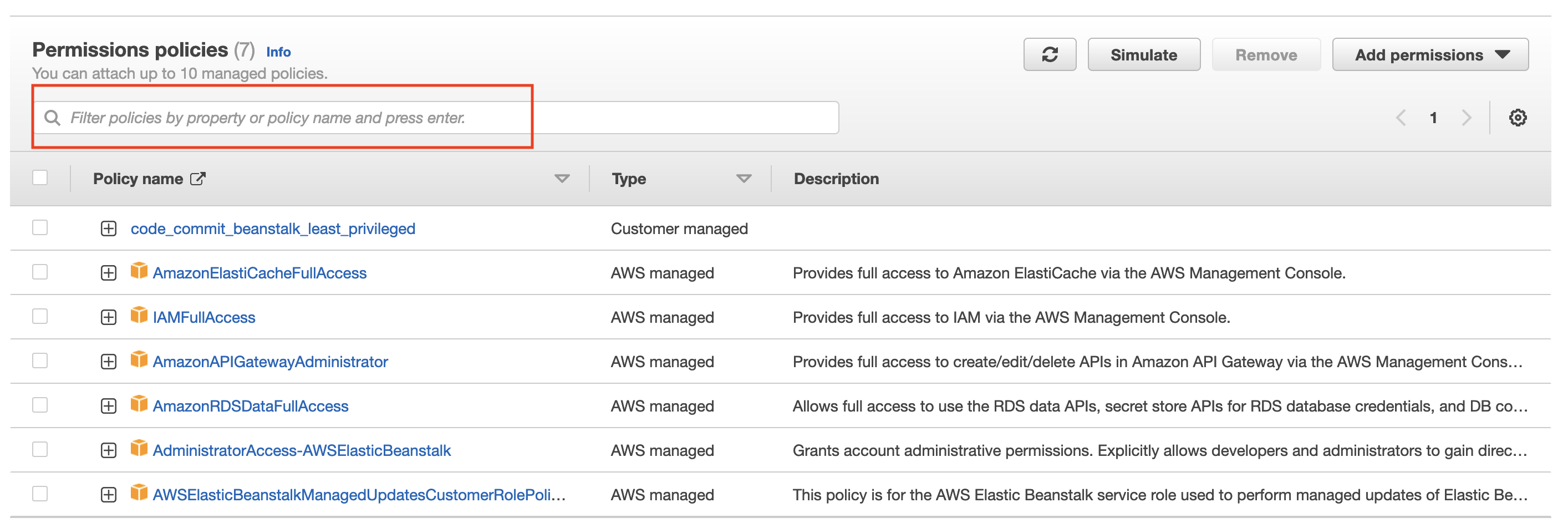 the console on AWS that shows existing IAM permissions for a given group